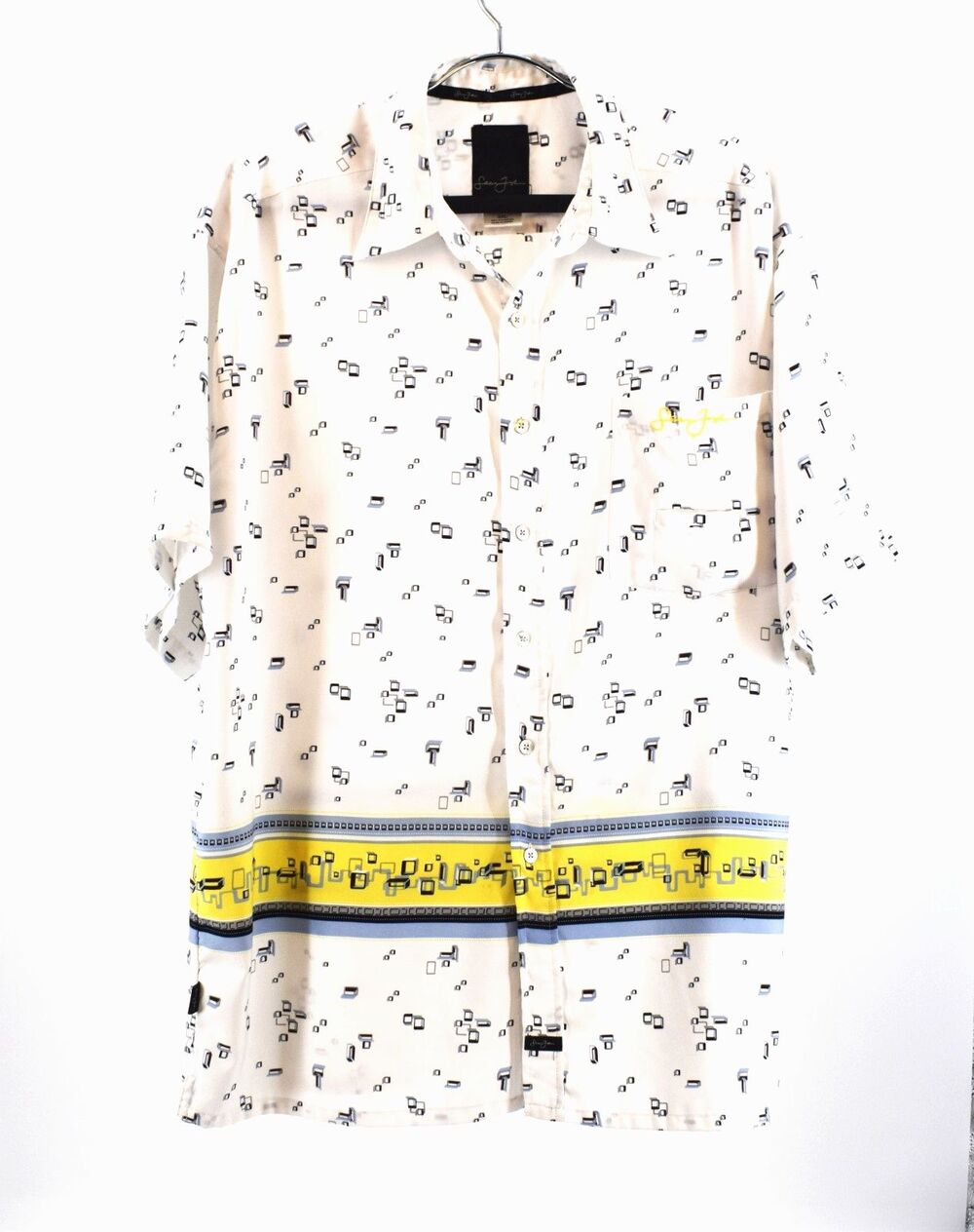Sean John 2XL Y2K Geometric Print Button Up Shirt White Retro Streetwear Logo